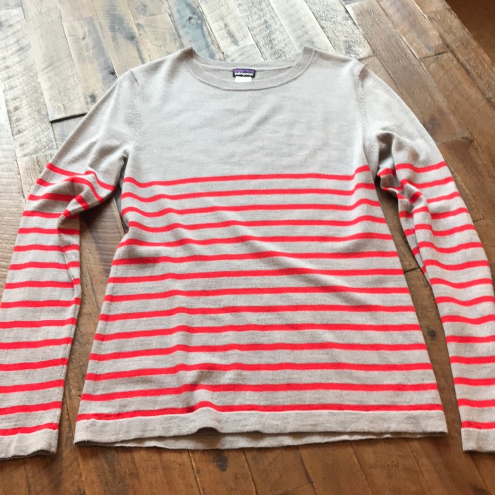 Patagonia Gray and Red Striped Women's Sweater, Merino Wool, Size Small